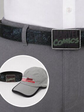 Marvel Comics Belt Genuine Leather Men's Size 36 Brown Super Heroes Plus Hat Cap